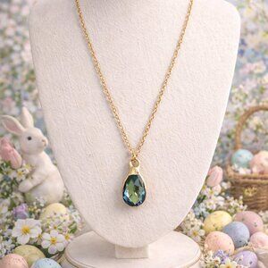 Blue Crystal Teardrop Necklace – Gold Pendant Necklace – Elegant Spring Jewelry